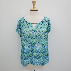 Zac & Rachel Womens Flutter‎ Sleeve Keyhole Neck Blouse Top Size XL Blue Green
